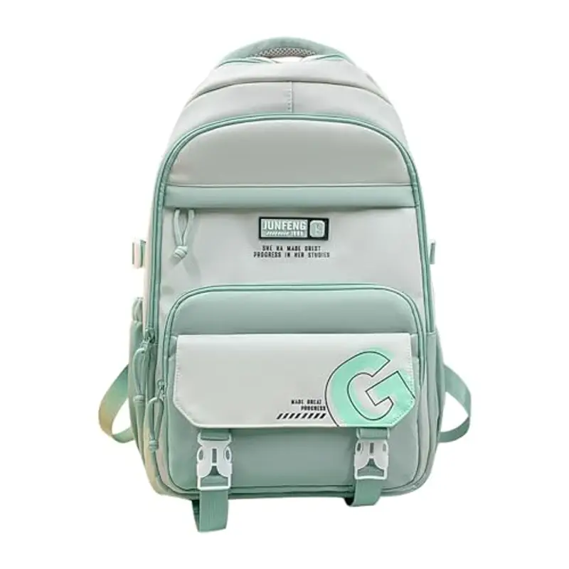 Zaino scolastico alla moda in nylon per adolescenti, leggero ed ergonomico, con grande capacità, zaino per la scuola media per ragazze e ragazzi (verde, taglia unica)