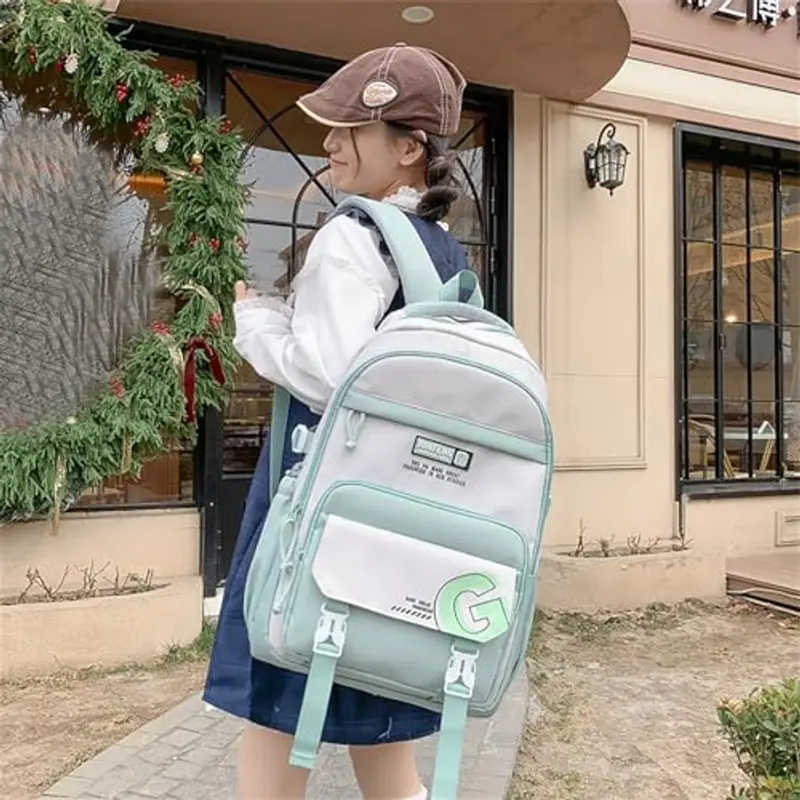 Zaino scolastico alla moda in nylon per adolescenti, leggero ed ergonomico, con grande capacità, zaino per la scuola media per ragazze e ragazzi (verde, taglia unica) miniatura 2