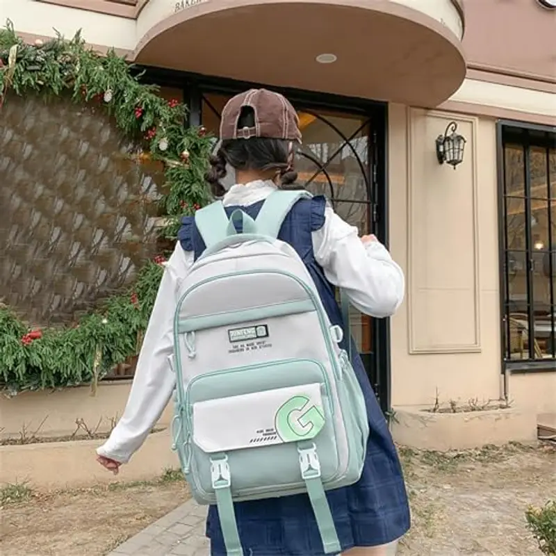 Zaino scolastico alla moda in nylon per adolescenti, leggero ed ergonomico, con grande capacità, zaino per la scuola media per ragazze e ragazzi (verde, taglia unica) miniatura 3