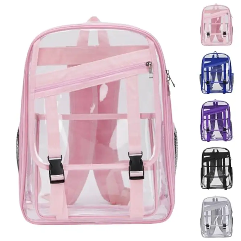 Zaino scolastico trasparente, materiale resistente all'acqua e spallacci rinforzati robusti, approvato dallo stadio trasparente (rosa, taglia unica)
