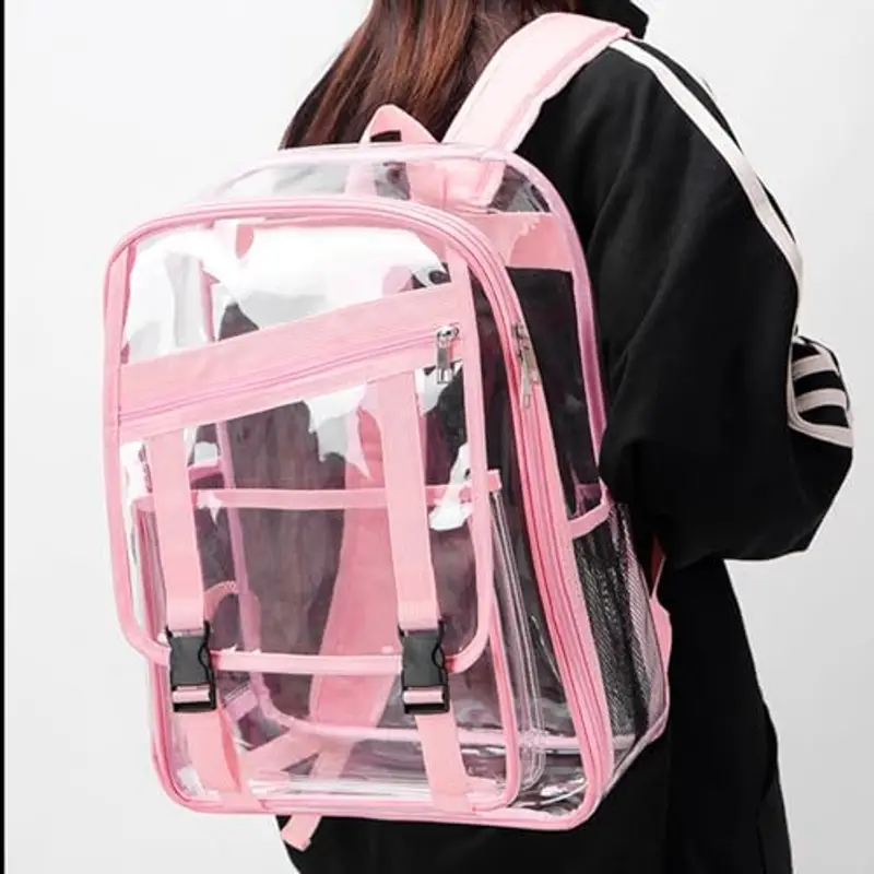 Zaino scolastico trasparente, materiale resistente all'acqua e spallacci rinforzati robusti, approvato dallo stadio trasparente (rosa, taglia unica) miniatura 2