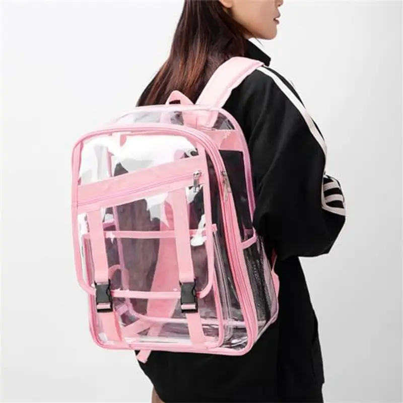 Zaino scolastico trasparente, materiale resistente all'acqua e spallacci rinforzati robusti, approvato dallo stadio trasparente (rosa, taglia unica) miniatura 3
