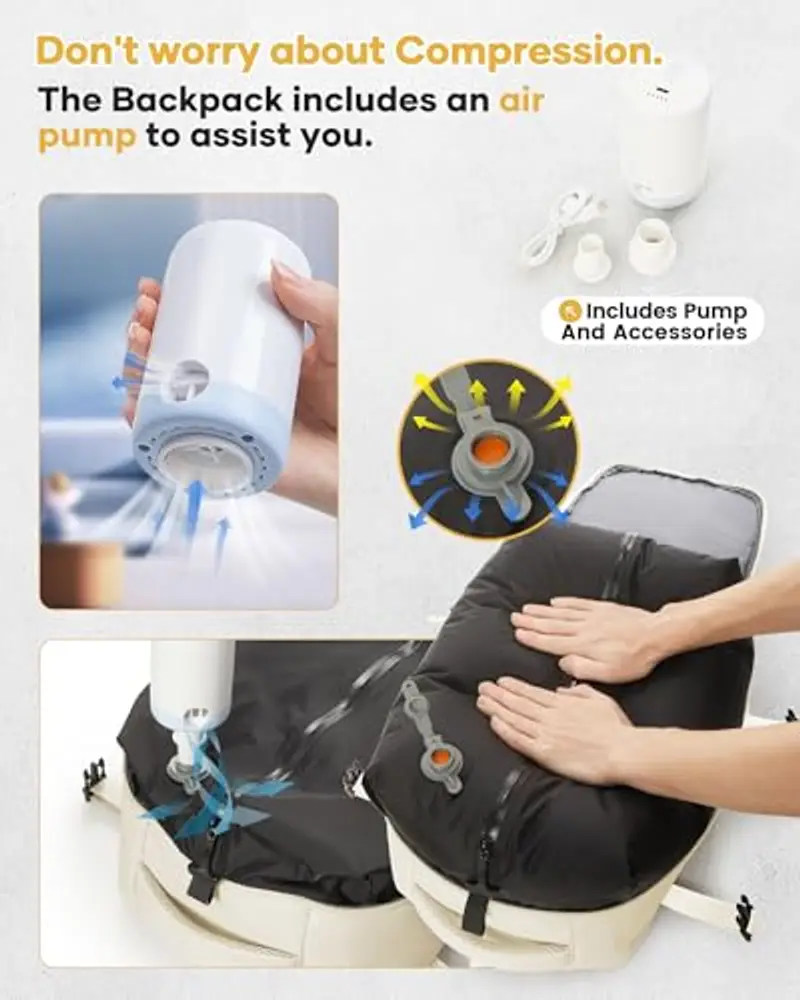 Zaino Sottovuoto Viaggio Con Pompa Zaino Esayjet 45x20x36 Aereo Bagaglio a Mano Borsa da Cabina per Donna Uomo Zaini 15.6 Pollici Porta PC Casual Impermeabile Daypack Beige miniatura 2