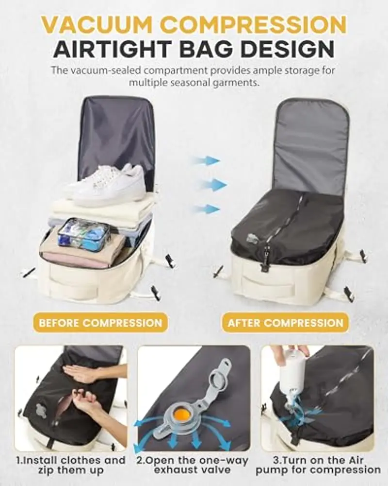 Zaino Sottovuoto Viaggio Con Pompa Zaino Ryanair 40x20x25 Aereo Bagaglio a Mano Borsa da Cabina per Donna Uomo Zaini 14 Pollici Porta PC Casual Impermeabile Daypack Beige miniatura 3