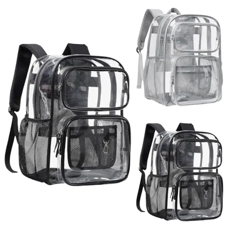 Zaino trasparente resistente in PVC trasparente con cuciture rinforzate e grande capacità per le scuole medie e superiori, Nero , Taglia unica