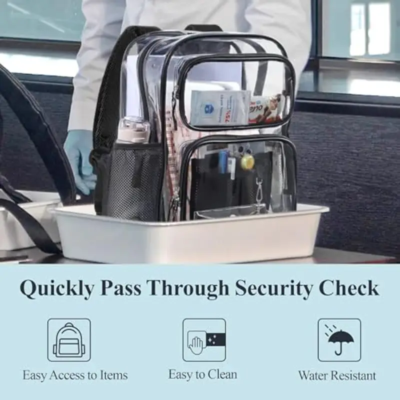 Zaino trasparente resistente in PVC trasparente con cuciture rinforzate e grande capacità per le scuole medie e superiori, Nero, Taglia unica miniatura 3