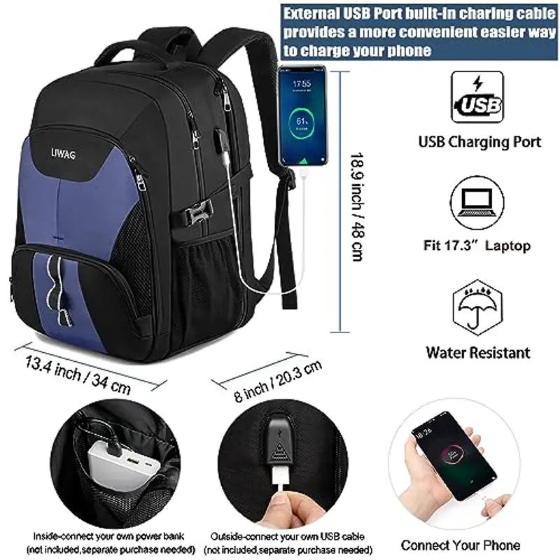 Zaino Uomo 17 Pollici Grande 50L Impermeabile Zaino Porta PC Lavoro Antifurto Zaino Laptop Computer Notebook Borse Zaini per PC Portatili con Caricatore USB per Viaggio Ufficio Scuola Regalo - Blu miniatura 2