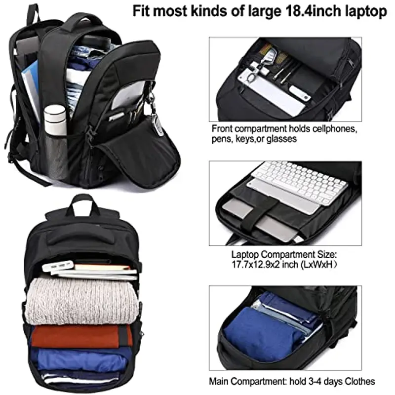 Zaino Uomo 18.4 Pollici Grande 55L Impermeabile Porta PC Lavoro Antifurto Zaino Laptop Computer Notebook Borse con Caricatore USB per Viaggio Ufficio Scuola Regalo - Nero miniatura 3