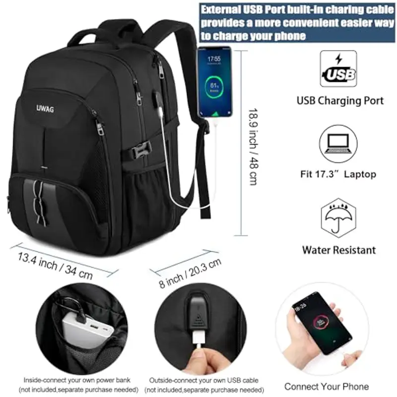 Zaino Uomo Grande 50L, 17 Pollici, Porta PC, Zaino Lavoro Impermeabile Antifurto con Caricatore USB per Viaggio Ufficio Scuola -Nero miniatura 3