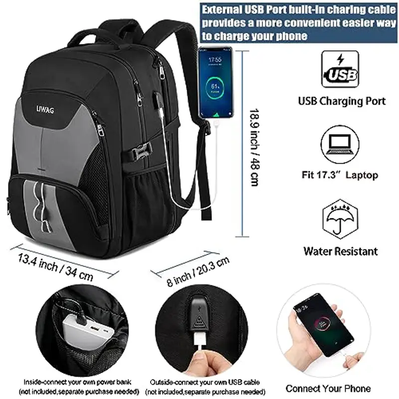 Zaino Uomo Grande 50L Impermeabile Porta PC 17 Pollici - Antifurto con Caricatore USB per Lavoro, Viaggio, Ufficio, Scuola - Grigio miniatura 2