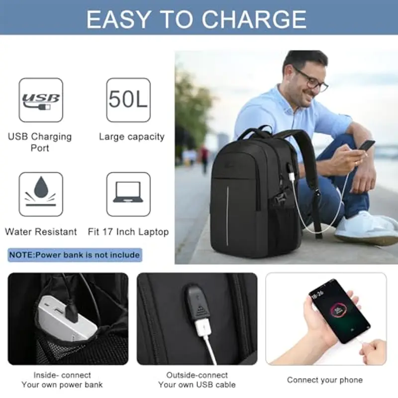 Zaino Uomo per PC Portatile 17.3 Pollici, Lavoro Uomo Impermeabile Antifurto, per Laptop, Computer Notebook Borse con Caricatore USB per Viaggio Ufficio Scuola-Nero miniatura 2