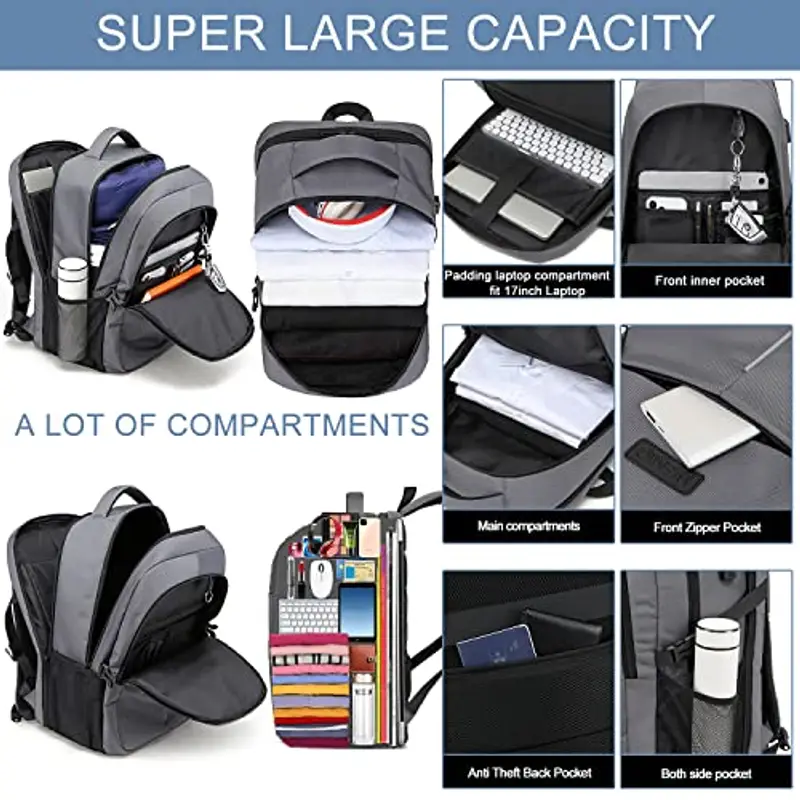 Zaino Uomo Zaino per PC Portatile, Zaino Porta PC 17.3 Pollici, Zaino Lavoro Uomo Impermeabile, Zaino per Laptop, Zaino Computer Notebook Borse con Caricatore USB per Viaggio Ufficio Scuola-Grigio miniatura 2