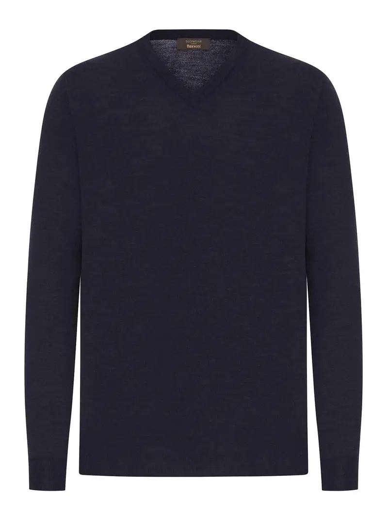 Maglia Scollo A V In Lana Pregiata Pettinata Blu