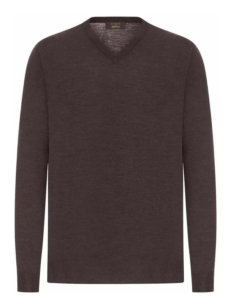 Maglia Scollo A V In Lana Pregiata Pettinata Marrone