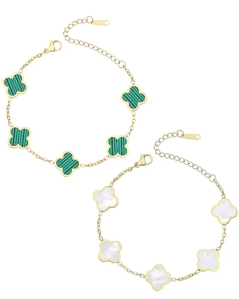 ZEXIJOW 2 Pezzi Bracciale Portafortuna Donna Quadrifoglio Donna Gioielli Placcati in Oro 18 Carati,Bracciale Quadrifoglio,Regali di Amicizia per Ragazze