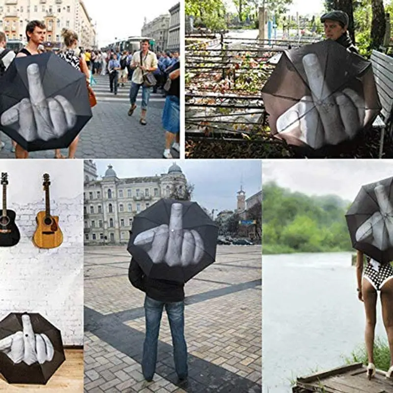 Zhaocaigui Baolong Direct - Ombrello da viaggio compatto con dito medio, design speciale antivento con confezione regalo, colore: nero, 38, 5 pollici, compatto, nero, 38.5 inches, Compatto miniatura 2