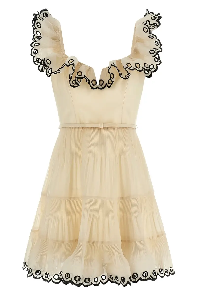 Abito Embroidered Frilled Mini Beige