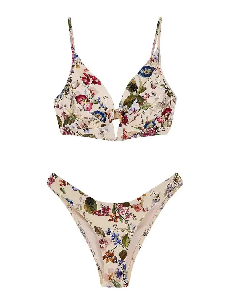 Bikini In Nylon Con Stampa Floreale Crema