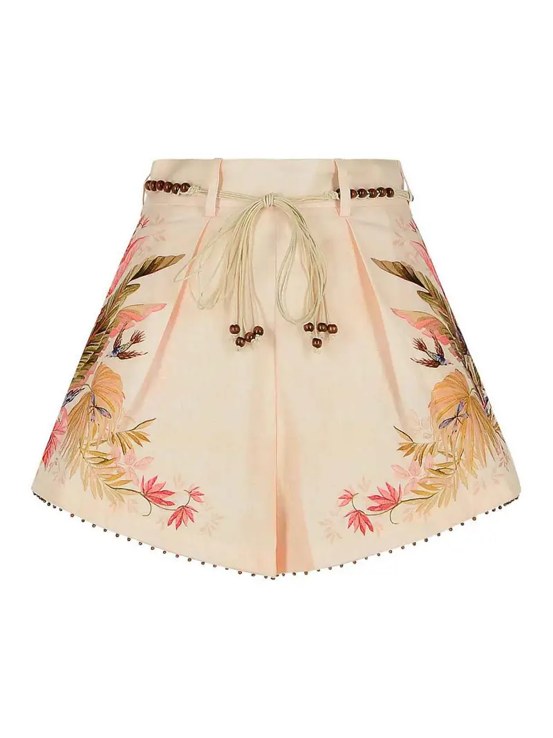 Shorts a pieghe di lino a vaiolo a colori Crema