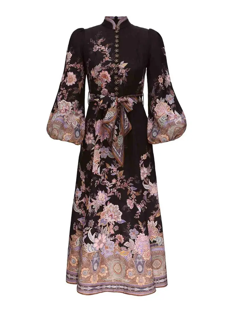 Vestito Midi In Lino Con Bottoni Blu