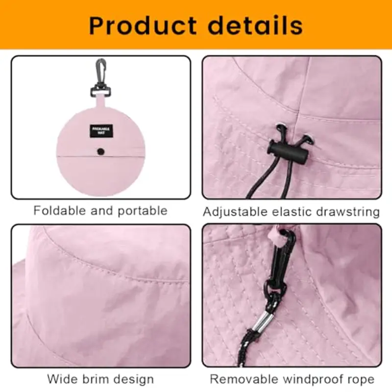 ZKGYUS Cappello da pesca pieghevole monoblocco, con coulisse antivento, estivo, anti-ultravioletto, a tesa larga, adatto per la protezione solare esterna, rosa miniatura 3