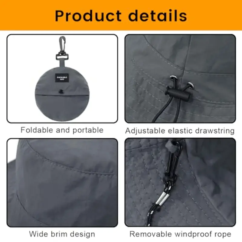 ZKGYUS Cappello da pescatore estivo, unisex, impermeabile, antivento, regolabile con cordino, adatto per passeggiate in spiaggia e arrampicata in montagna, grigio scuro miniatura 3