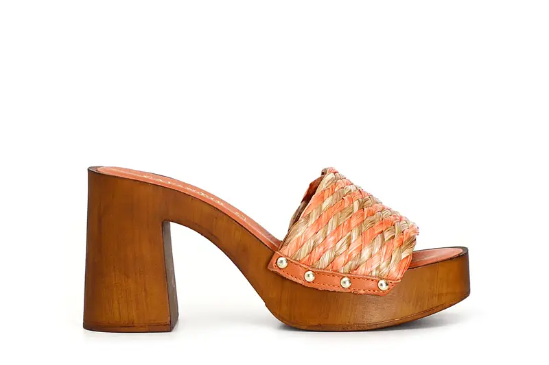 zoccoli con tacco in legno e fascia decorativa in rafia intrecciata bicolore multi arancio