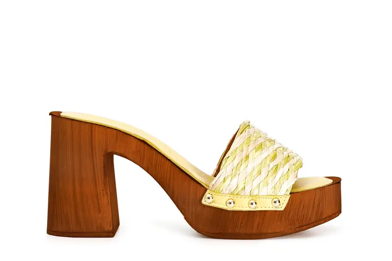 zoccoli con tacco in legno e fascia decorativa in rafia intrecciata bicolore multi giallo