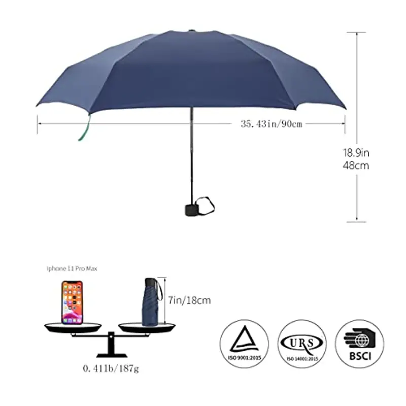 ZOCONE Mini Ombrello da Viaggio, Mini Ombrello Ultraleggero Portatile Compatto Ombrello Pieghevole Ombrello da Viaggio, 99% UV Resistenza & 100% Impermeabile (Blu navy) miniatura 2