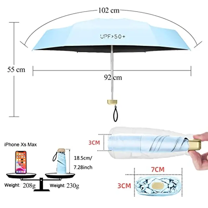 ZOCONE Mini Ombrello da Viaggio, Mini Ombrello Ultraleggero Portatile Compatto Ombrello Pieghevole Ombrello da Viaggio, 99% UV Resistenza & 100% Impermeabile (Blue) miniatura 2
