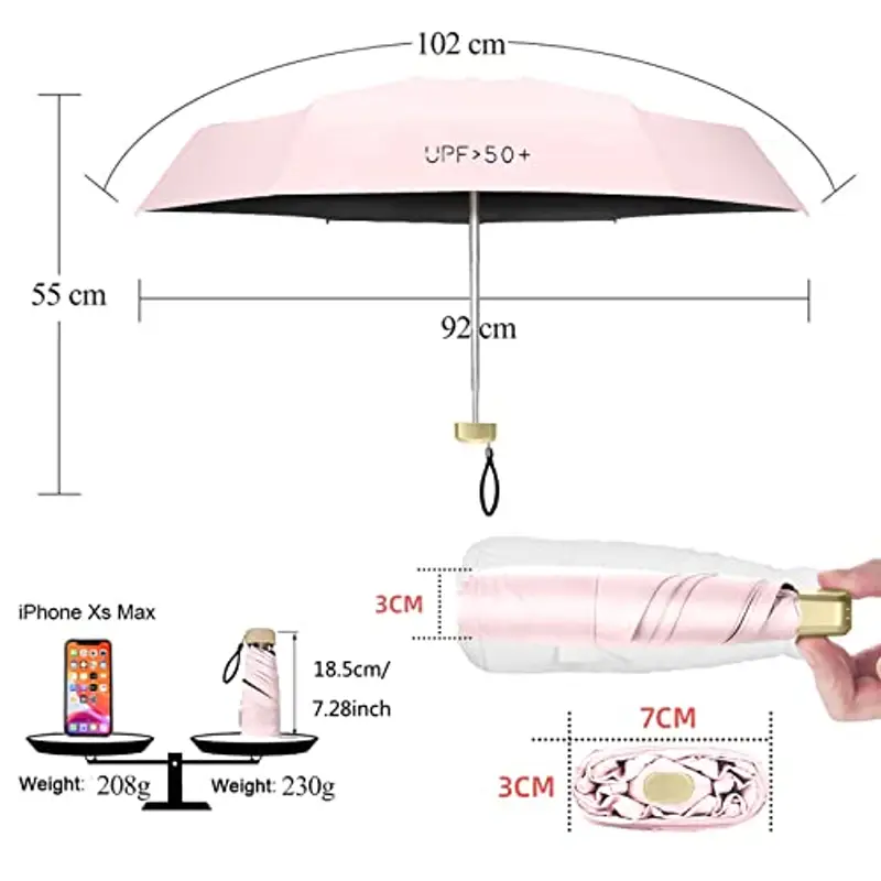 ZOCONE Mini Ombrello da Viaggio, Mini Ombrello Ultraleggero Portatile Compatto Ombrello Pieghevole Ombrello da Viaggio, 99% UV Resistenza & 100% Impermeabile(Pink) miniatura 2