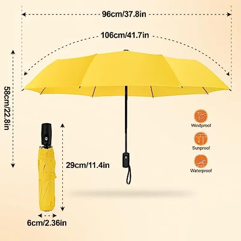 ZOMAKE ombrello pieghevole automatico, 42 pollici ombrello pioggia antivento robusto, ombrello piccolo portatile da viaggio per uomo e donna(Giallo) miniatura 2