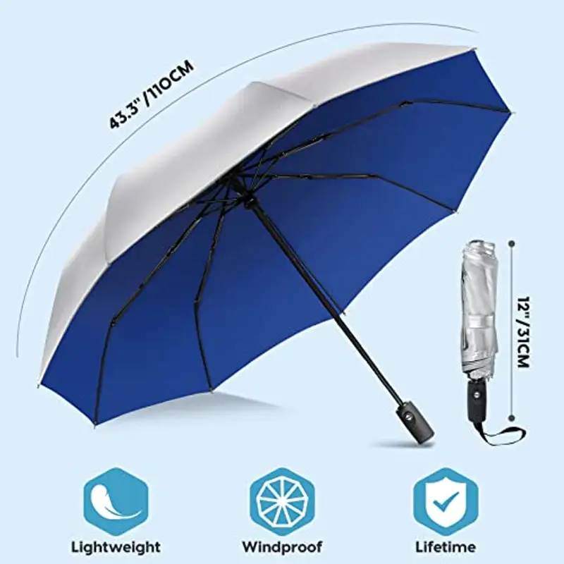 ZOMAKE Ombrellone, UPF 50 + Protezione UV Ombrello, Automatico Aprire e Chiudere Ombrello, Rivestimento d'Argento Ombrello Piccolo, Ombrello Tascabile Pieghevole(Argento Blu) miniatura 2