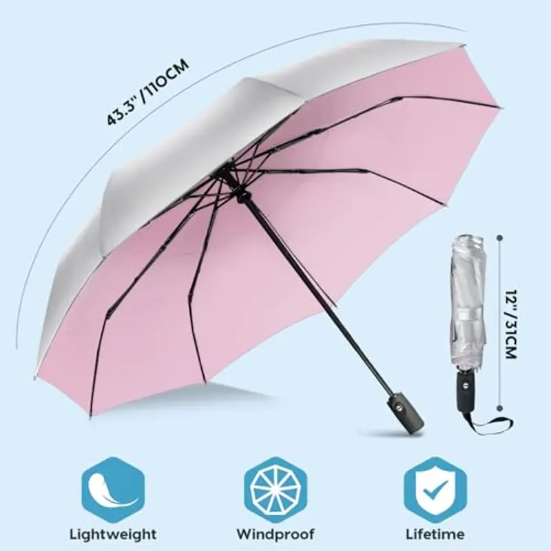 ZOMAKE Ombrellone, UPF 50 + Protezione UV Ombrello, Automatico Aprire e Chiudere Ombrello, Rivestimento d'Argento Ombrello Piccolo, Ombrello Tascabile Pieghevole(Argento Rosa) miniatura 2