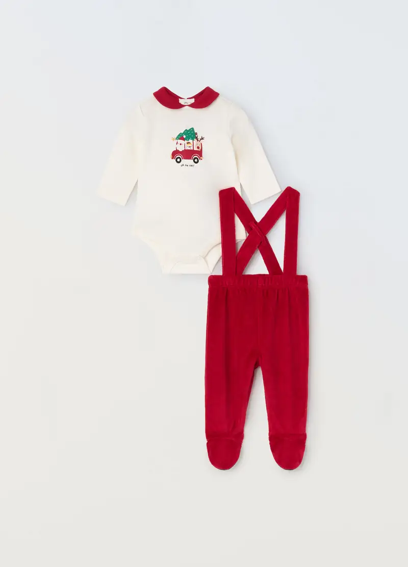 , Set In Interlock Di Puro Cotone Neonato, Bianco/Rosso