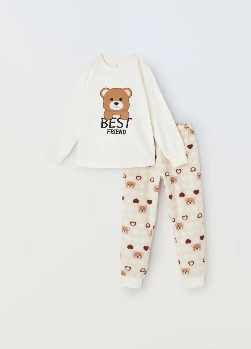 , Set Pigiama Lungo In Pile Neonata, Bambina, Bianco/Beige