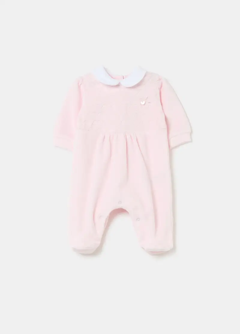 , Tutina In Velour Con Piedini Ricamo Cuoricini, Neonata,...