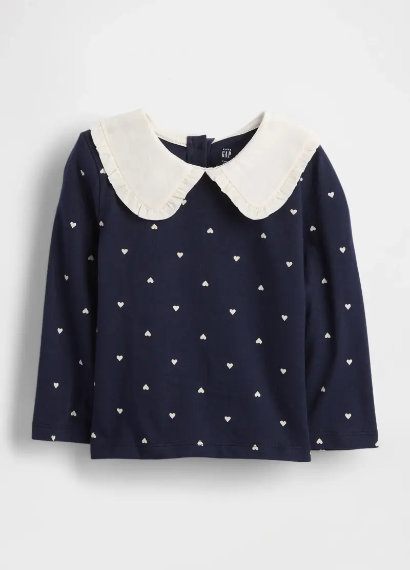 Maglietta a maniche lunghe con cuoricini, , Blu/Bianco