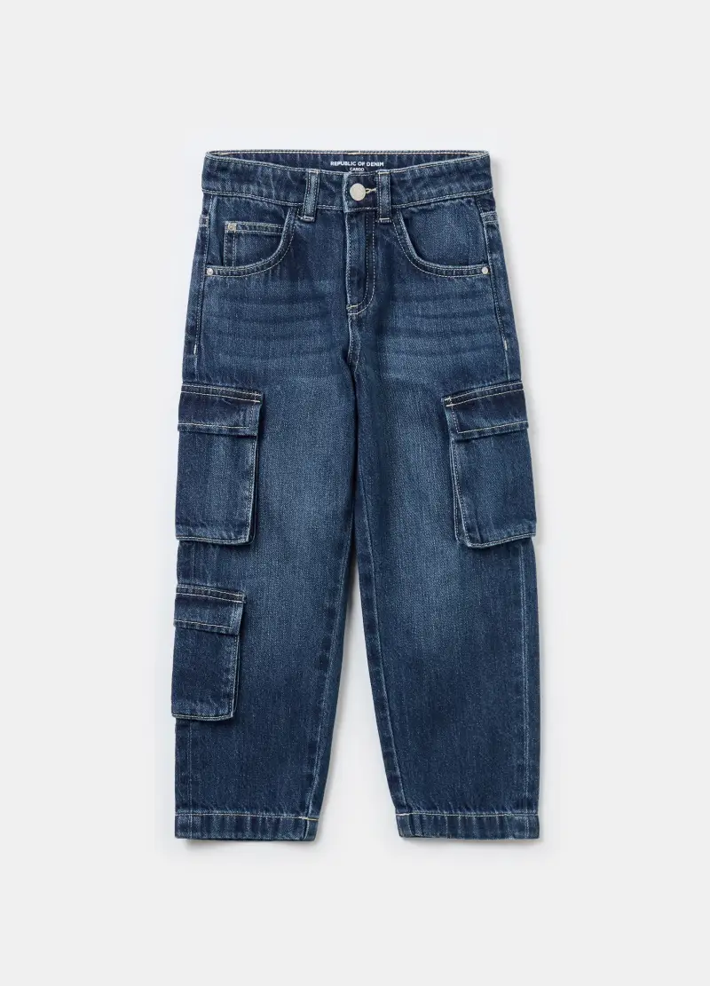 , Jeans Cargo In Cotone, Bambino, Denim